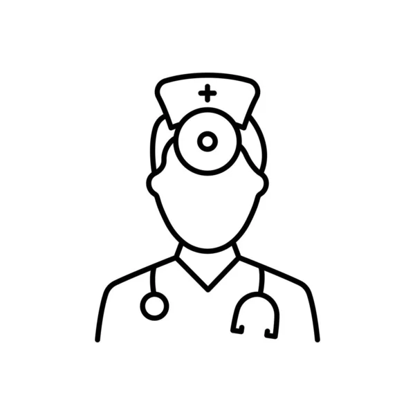 Otolaryngolog Doctor Line Icon. Otolaryngology Medic Staff with Stethoscope, Mirror Linear Pictogram. Ucho, nos, obrys doktora hrdla Ikona. Upravitelný tah. Izolovaná vektorová ilustrace — Stockový vektor