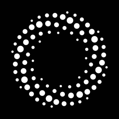 Beyaz Noktalı Spiral Yarım Düzen. Siyah Arkaplanda Noktalar. Modern Soyut Spiral Yarım Tonlama Arkaplanı. Yuvarlak Girdap Minimalist Noktalar Çember şeklinde. Vektör İllüstrasyonu