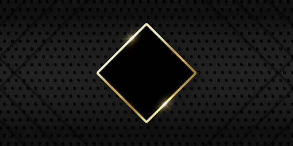 Golden Shiny Rhombus on Black Metal Meshed Background. Metal Dark Background Perforated by Dots with Gold Square Frame. Grid Pattern and 3D Lines. Abstract Modern Design. Vector Illustration — Stock Vector