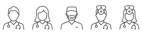 Hospital Healthcare Staff Line Icon. Médicos profissionais masculinos e femininos esboçam Pictograma. Enfermeira, otorrinolaringologista, ícone do cirurgião. Ilustração Vectorial Isolada — Vetor de Stock