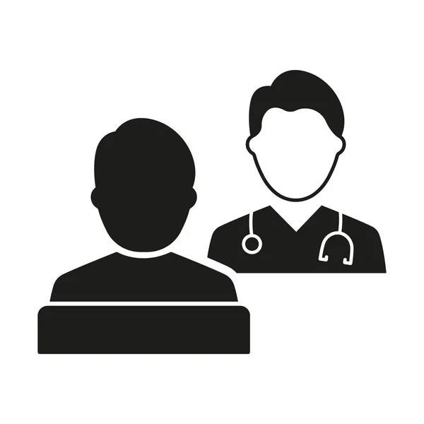 Kórházi orvos tanácsadás beteg Silhouette ikon. Konzultáció a beteggel és az orvossal sztetoszkópos fekete piktogrammal. Egészségügyi Párbeszéd ikon. Elszigetelt vektor illusztráció — Stock Vector