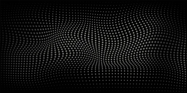 Futuristic Digital Wave of Particles on Dark Black Background. Wave Halftone Dark Black Pattern. Template with Dots Optical Illusion. Abstract Modern Design. Vector Illustration — Stock Vector