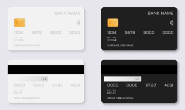 Banka kartının Black and White Mock Up modeli. Plastik Kredi Kartı ya da Altın Çip Mockup ile Banka Kartı. Plastik Kredi Kartı Şablonunun İki Tarafı. E-ticaret kavramı. İzole Vektör İllüstrasyonu