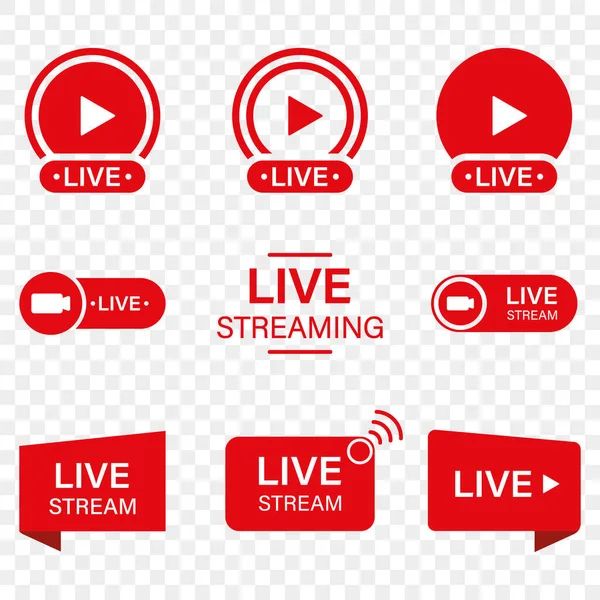 Live Stream Sign Set σε διαφανές φόντο. Κόκκινο σύμβολο της Online News, Εμφάνιση, Channel Television. Εικονόγραμμα εκπομπής σε απευθείας σύνδεση. Εικονίδιο ζωντανής ροής. Μεμονωμένη απεικόνιση διανύσματος — Διανυσματικό Αρχείο