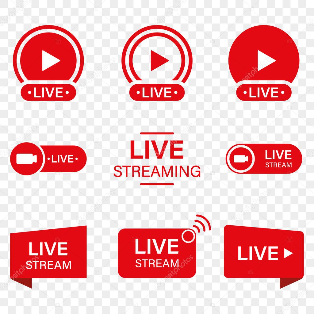 Live Stream Sign Set on Transparent Background. Red Symbol of Online News, Show, Channel Television. Online Broadcast Pictogram. Live Stream Icon. Isolated Vector Illustration.