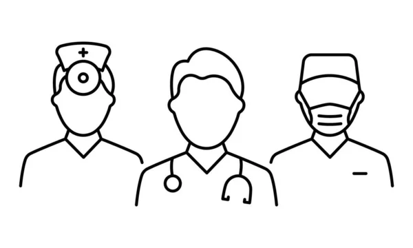 Team van Medic Professional Doctors Line Icon. Man Artsen Specialist, Otolaryngoloog en chirurg Lineair Pictogram. Assistenten en zuster Outline Ikoon. Geïsoleerde vectorillustratie — Stockvector