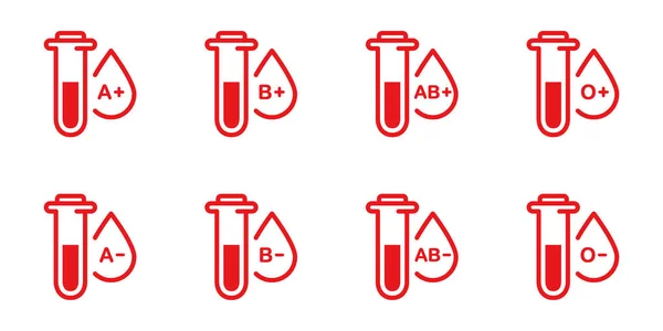Groupe de sang dans le pictogramme de silhouette de tube en verre d'essai. Échantillon d'icône de groupe sanguin. Groupes de signes sanguins positifs et négatifs O, A, B, AB. Collection de gouttes de plasma rouge. Illustration vectorielle isolée — Image vectorielle