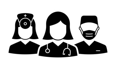 Medic Professional Doctors Silhouette Simgesi Ekibi. Erkek ve Kadın Hekimler Uzmanı, Otolaryngolog ve Cerrah Pictogram. Asistanlar ve Siyahi İkon Hemşire. İzole Vektör İllüstrasyonu