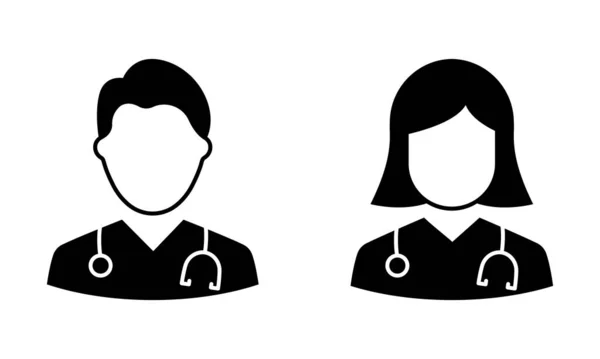 Man en vrouw Artsen Silhouet Ikoon. Twee Medic Professional Assistants met Stethoscope Black Icon. Man en vrouw Artsen Specialist Pictogram. Geïsoleerde vectorillustratie — Stockvector