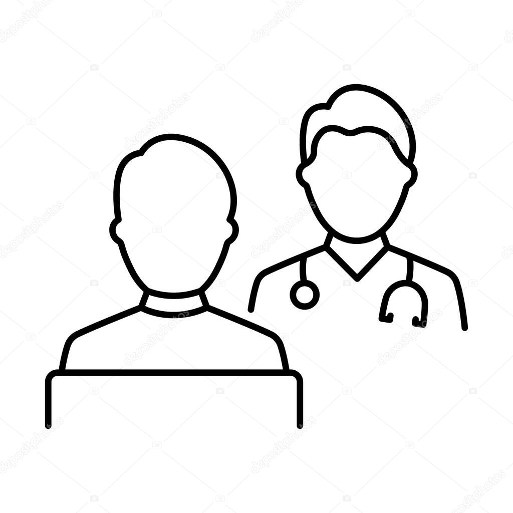 Consultation of Patient and Doctor with Stethoscope Line Icon. Hospital Physician Counseling Patient Linear Pictogram. Health Care Dialog Outline Icon. Editable Stroke. Isolated Vector Illustration