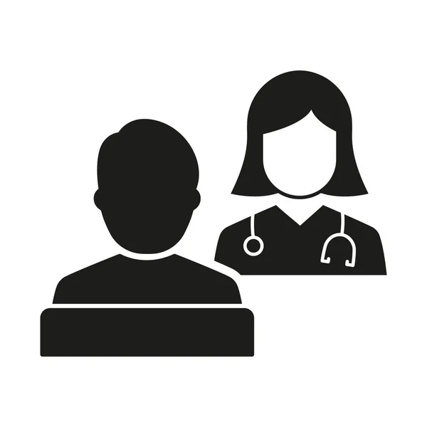 Konzultáció a beteggel és az orvossal sztetoszkópos fekete piktogrammal. Kórházi orvos tanácsadás beteg Silhouette ikon. Egészségügyi Párbeszéd ikon. Elszigetelt vektor illusztráció — Stock Vector