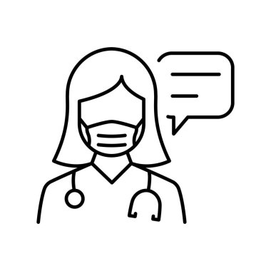 Konuşma köpüğü danışmanlık hattı ikonası olan Maskeli Doktor. Sağlık Hizmetleri Sohbeti Ana Hattı Simgesi. Konuşan Doktor Pictogram. Sıhhiye Konuşması. Düzenlenebilir Vuruş. İzole Vektör İllüstrasyonu