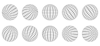 Küre Izgara Küresi hazır. 3D Kablo Küresel Dünya Enlemi, Boylam. Geometrik Izgara Küresi. Yuvarlak Izgara Topu. Kablolu Hat 3D Gezegen Küresi. Kablo çerçeveli Globe Surface. İzole Vektör İllüstrasyonu