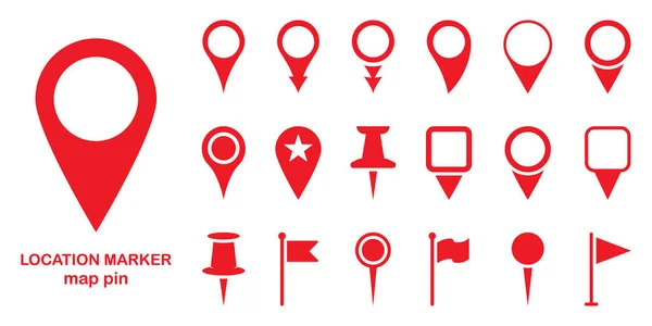 Red Location Pins Schild. Markierungspunkt auf der Karte, Ort-Piktogramm. Zeiger Navigationssymbol. Rote GPS-Tag-Sammlung. Flag Mark, Thumbtack Zeichen. Isolierte Vektorillustration — Stockvektor