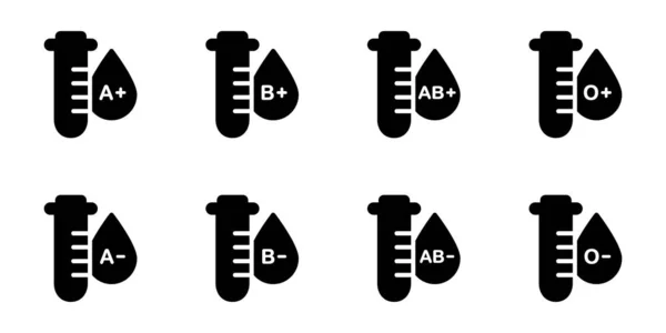 Grupa krwi w probówce Czarna ikona sylwetki. Pozytywny i negatywny zestaw znaków krwi O, A, B, AB. Próbka ikony grupy krwi. Kolekcja kropel plazmy. Izolowana ilustracja wektora — Wektor stockowy