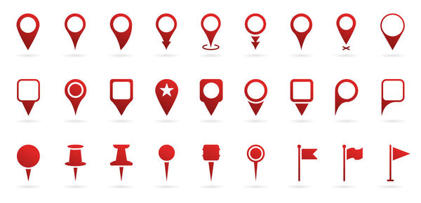 Red Location Pins Sign. Pointer Navigation Symbol. Flag Mark, Thumbtack Sign. Red GPS Tag Collection. Set of Marker Point on Map, Place Location Pictogram. Isolated Vector Illustration