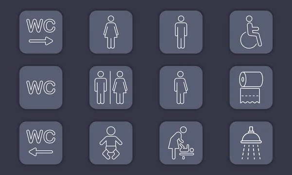 Set von WC Line Icon. Toilettenraumschild. Mutter-Kind-Zimmer. Öffentliche Waschräume für Behinderte, Männer, Frauen, Transgender Umrisse Piktogramm. Vektorillustration — Stockvektor