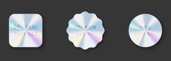 Geometrik Şekillerdeki Hologram Çıkartmaları Simgesi. Premium Kalite, En İyi Seçim, Orijinal, Resmi Ürün Holografik Etiketi. Holografik Pul Kalite Sertifikası. İzole Vektör İllüstrasyonu