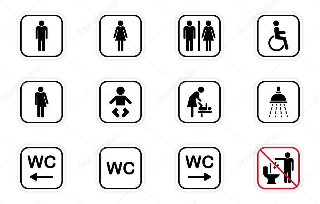 Toilet Room Silhouette Icon. Set of WC Sign. Public Washroom for Disabled, Male, Female, Transgender. Bathroom, Restroom Pictogram. Mother and Baby Room. Vector Illustration