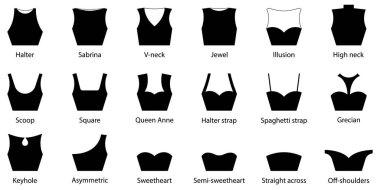 Boyunbağı Kadın Giysisi. Strapless Decolletage, Halter, Honey, Queen Anne, V-Neck, Off Omuz. Boyun Hattı Moda Bluzu, Gömlek Silueti Resim seti. İzole Vektör İllüstrasyonu