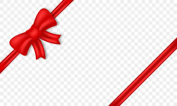 Красный лук атласной ленты с лентой на прозрачном фоне. Реалистичный Шелковый узел и Стрип для подарков на Рождество. Подарок, упаковка, коробка, карточка. Изолированная векторная иллюстрация — стоковый вектор