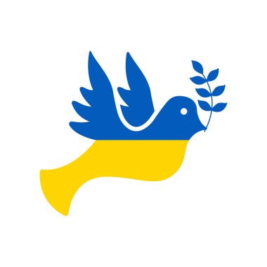 Dove Ukrayna Barış ve Dayanışma Simgesi Silueti Simgesi. Mavi, Sarı Güvercin ve Zeytin Amblemi Pictogram. Güvercin Sevgisi, Özgürlük, Savaş İşareti Yok. Ukrayna Vatansever Kuş Simgesi. Vektör İllüstrasyonu