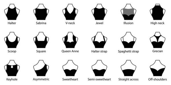 Type jurk voor vrouwen met halslijn. Neck Line Fashion Blouse, Shirt Silhouet Pictogram Set. Strapless Decolletage, Halter, Sweetheart, Queen Anne, V-Neck, Off Shoulder. Geïsoleerde vectorillustratie — Stockvector