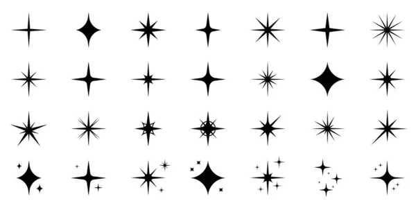 Burst Star Siluet Simgesi Ayarlandı. Siyah Twinkle Flash Pictogram. Sihirli Havai fişek Düz Simge Koleksiyonu. Parıldayan Parıltı Efekti. Parıltı Yıldız patlaması. İşaret fişeği Ray. İzole Vektör İllüstrasyonu