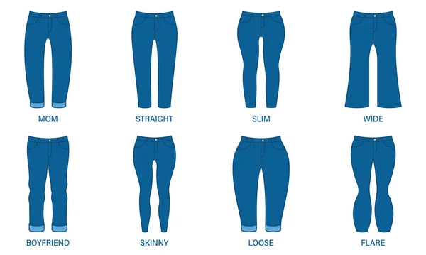 女性デニムパンツスタイル。女性のジーンズの種類。スキニー、ボーイフレンド、ルーズ、スリム、ストレート、ママ、フレア、ワイドジーンズシルエットピクトグラム。青い女性ズボンのスタイル。絶縁ベクトルイラスト — ストックベクタ