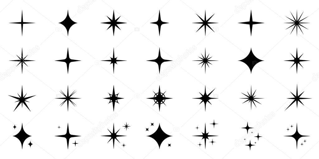 Burst Star Silhouette Icon Set. Black Twinkle Flash Pictogram. Magic Firework Flat Icon Collection. Vibrant Shiny Glitter Effect. Sparkle Glow Starburst. Flare Ray. Isolated Vector Illustration.