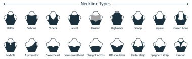 Moda Boyunlu Kadın Bluzu, Giysi, Siluet Simgesi Koleksiyonu. Dişi Boyun Hattı Kuklada Tipi. Halter, Decolletage, tatlım, V-Boyun Boyun Tipi. İzole Vektör İllüstrasyonu