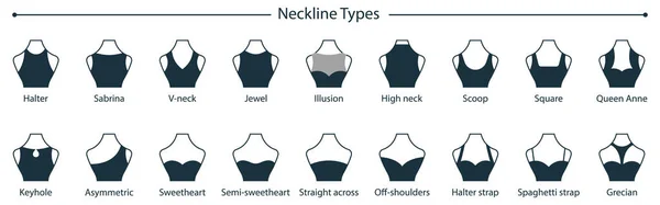 Fashion Neckline Types of Women Blouse, Dress, T-shirt Silhouette Icon Collection. Female Neck Line Type on Dummy. Halter, Decolletage, Sweetheart, V-Neck Neckline Type. Isolated Vector Illustration — Stock Vector