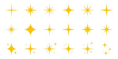 Sparkle Stars Siluet Simgesi Ayarlandı. Altın Parıltı Piktogram. Sihirli Parlak Simge. Parlak Parıltı Efekt Sembolü. Parıltılı Havai fişek. İzole Vektör İllüstrasyonu