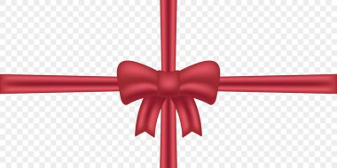 Şeffaf Arkaplanda Saten Bağlı Kırmızı Kurdele. Yılbaşı hediyesi olarak bantlı ipek yay. Kırmızı Saten Düğüm Sevgililer Günü Hediyesi. Şimdiki Kutu için Renk Paketi. İzole Vektör İllüstrasyonu