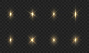 Şeffaf Arkaplanda Parlayan Yıldızlar. Parıldayan Yıldızlar. Parıltı Parıltısı Şenlik Seti. Altın Bokeh Işıkları Parıltısı ve Sırlar. Parlak Patlama Aydınlatma Fişeği. İzole Vektör İllüstrasyonu