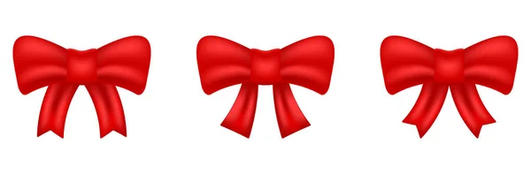 Red Bow Realistic Set for Decoration Present. Prvek hedvábné stuhy pro dárky na bílém pozadí. Elegantní saténový uzel k Vánocům, Narozeninám, Výročí Překvapení. Izolovaná vektorová ilustrace — Stockový vektor