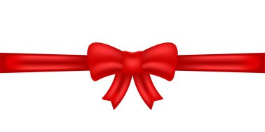 Gerçekçi Kırmızı Saten Kurdele ve Beyaz Arkaplanda Fiyonk. Tebrik kartı ya da broşürü için Kırmızı Yay Şablonu. Saten Bant Düğümü, Noel 'de Strip for Hediye Paketi. Vektör İllüstrasyonu