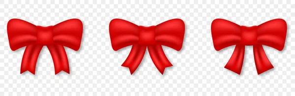 赤い弓装飾プレゼントのための現実的なセット 透明な背景にシルクリボンタイギフト要素 クリスマス 誕生日 記念日の驚きのためのエレガントなサテンの結び目 絶縁ベクトルイラスト — ストックベクタ
