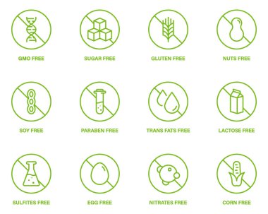 Free Sugar, Corn, GMO, Dairy, Nitrates, Trans Fat, Soy, Milk, Egg, Paraben, Gluten, Nuts Forbidden Line Green Icon Set. Allergen Food Product Ingredient Forbidden Sign. Isolated Vector Illustration