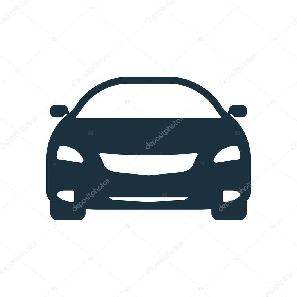 Modern Shape of Auto Vehicle Transport. Black Car Silhouette Icon on White Background Glyph Pictogram. Classic Automotive Sign. Automobile Symbol in Front View. Isolated Vector Illustration.