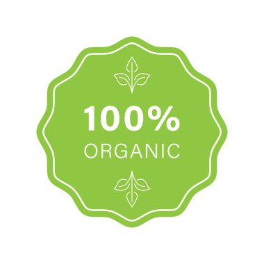 Yüzde yüz Organik Yeşil Simge. Bio Sağlıklı Çevre Gıda Stiker 'ı. Doğal Ürün Damgası. Ekoloji Ürünleri Vegan Gıda İşareti. Organik Yaprak Çevre İşareti. İzole Vektör İllüstrasyonu
