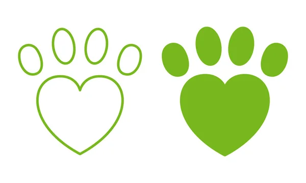 Paw Heart Animal Love Line en Silhouet Icon. Huisdier, hond, kat Voetafdruk Pictogram Set. Voetafdruk Puppy Shape Teken. Schattig Canine Afdruk Symbool. Logo van de dierenwinkel. Geïsoleerde vectorillustratie — Stockvector