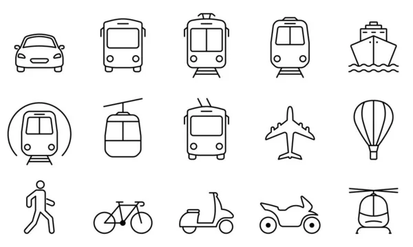 Vehicle, Air, Railway, Bike Transport Line Icon. Car, Bus, Tram, Train, Metro, Plane and Ship Linear Pictogram. Public Transport Station Outline Sign. Editable Stroke. Isolated Vector Illustration — Image vectorielle