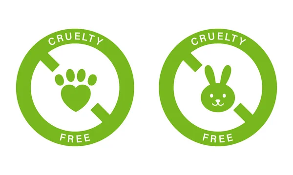 Inga tester på djur i laboratoriet, Cruelty Free Stamp Set. Tass fotavtryck i hjärtat och inte experimentera på kanin symbol. Inte försöksdjur tecken. Älskar djurikonen. Isolerad vektorillustration — Stock vektor