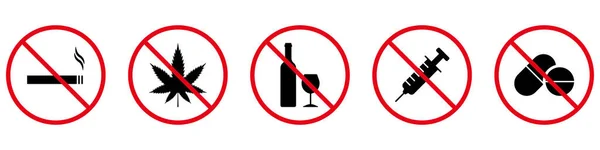 No Smoke Cigarette, Drink Alcohol, Take Drug and Pill Black Silhouette Icon. Addiction Forbidden Pictogram. Warning Not Narcotic, Doping Zone Red Stop Symbol. Isolated Vector Illustration — Stockvektor
