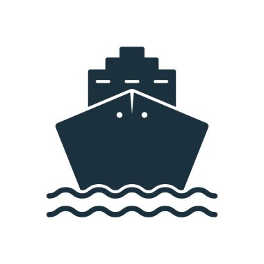 Black Cruise Ship Silhouette Icon. Cargo Boat Pictogram. Ocean Vessel Icon in Front View. Marine Sign for Freight, Distribution, Passenger Travel. Sea Transport Symbol. Isolated Vector Illustration.