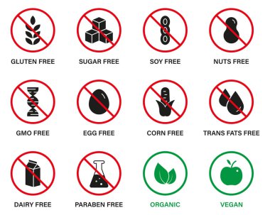 Organic Natural Food for Vegan Symbol. Silhouette Set Black Icon. Sugar, GMO, Dairy, Nitrates, Trans Fat, Sugar, Soy, Sugar, Corn, Milk, Paraben and Gluten Forbidden Sign. Vector Illustration.