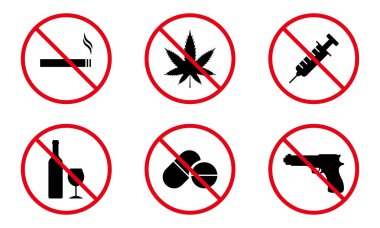 Ban Illegal Drug, Drink Alcohol, Take Pill, Smoke Cigarette, Gun Silhouette Icon Set. Danger Addiction, Warning Weapon Forbidden Zone Pictogram. Narcotic Stop Symbol. Isolated Vector Illustration.