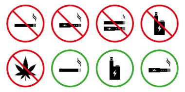 Forbidden Smoke Area Sign Set. Ban Zone Smoke Cannabis Drug Vaping Electronic Cigarette Silhouette Icon. Stop Smoke Area Prohibited Pictogram. Allow Smoking Green Sign. Isolated Vector Illustration.
