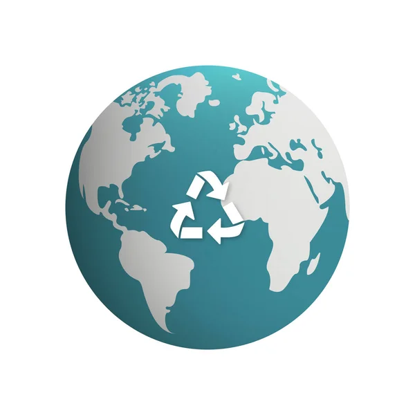 三角形の矢印リサイクルシンボルとサークルグローブ 世界を救う資源の概念漫画のアイコンを再利用する 再生可能な惑星環境へのサイン 持続可能性世界的なリサイクルサイン 絶縁ベクトルイラスト — ストックベクタ